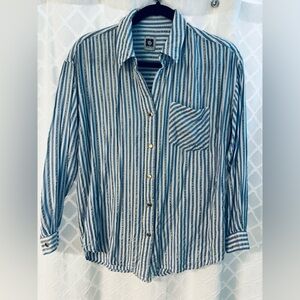 Anne Klein Blue and White Striped Button-Down Shirt